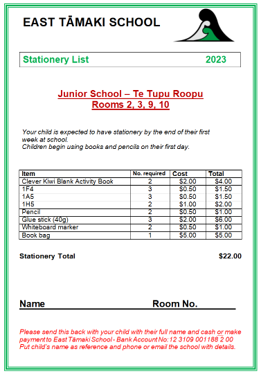 Junior Stationery List 2023